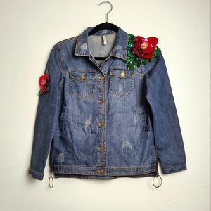 Jean's Jacket Junior Size 17 Mid Wash Embellishments Blue Sequin Flower Casual
